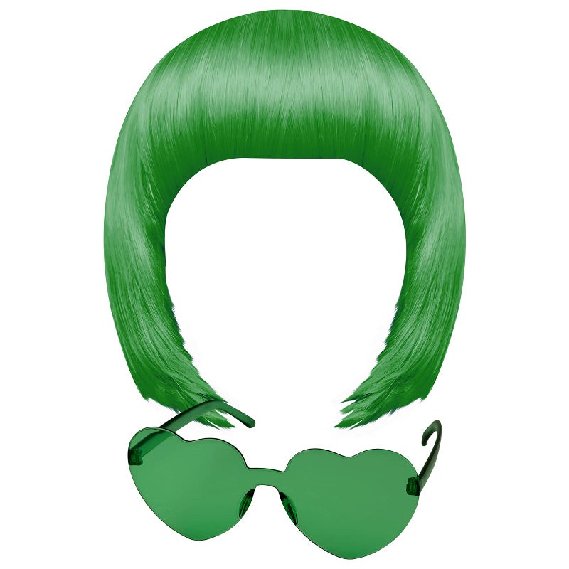 MIAHART Green Short Bob Wig and Sunglass Set Neon Colored Wigs Costume Colorful Cosplay Wigs Daily Party Hairpieces for Bachelorette Glow in The Dark Neon Party Favors Halloween Decorations Supplies