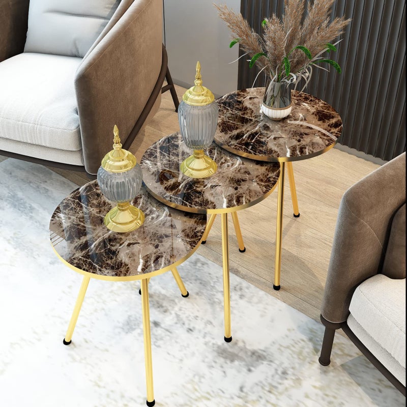 SUNRISE HOME DECOR Set of 3 Nesting END Tables  Round Stacking Coffee Side Tables for Small Spaces Nightstand Bedside Table for Living Room Bedroom Living Room Balcony NOTOOLS ASSEMBLY Brown MarbleGold 