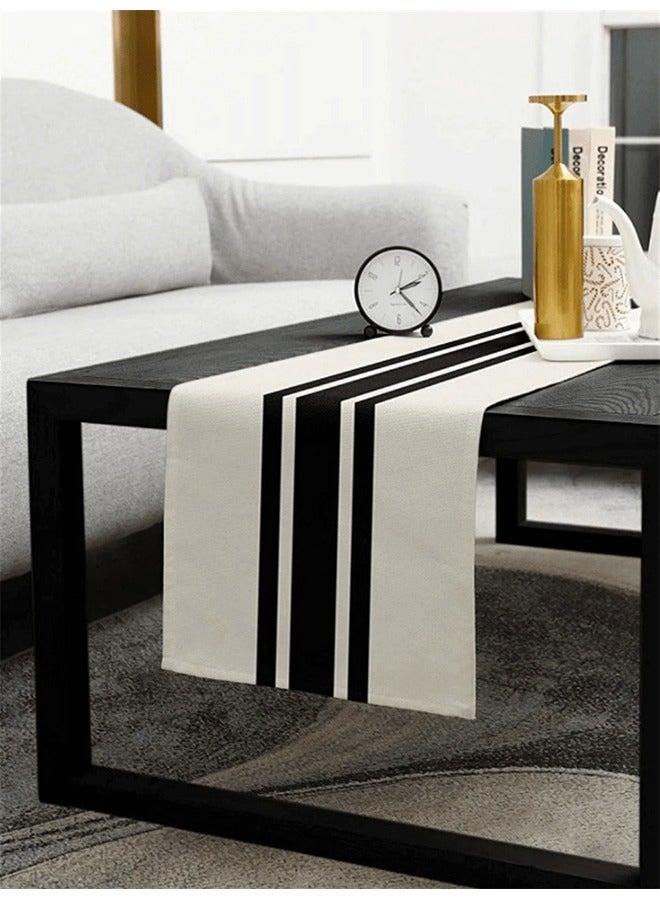 Geometric Stripe Table Runner Black White Linen Fabric Home Decor 33 x 180cm  - Image 1