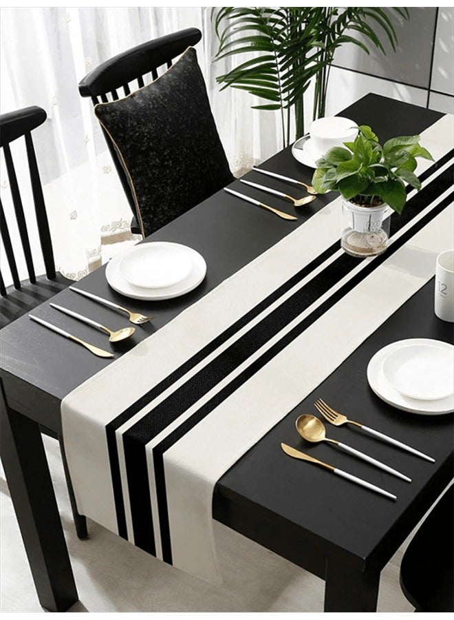 Geometric Stripe Table Runner Black White Linen Fabric Home Decor 33 x 180cm  - Image 2