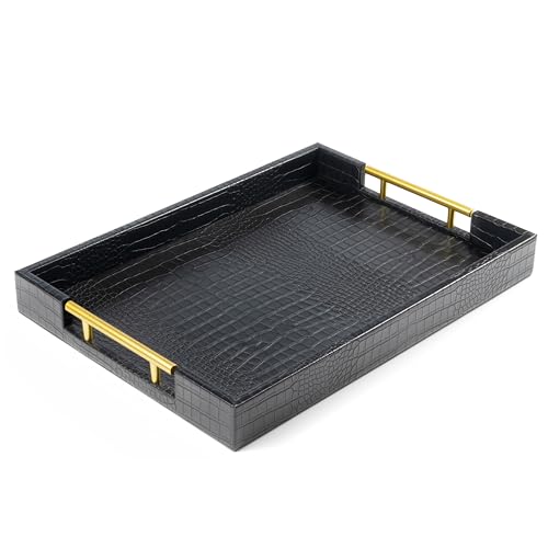 ATZYmolin 17" x 12" Wood Serving Tray with Gold Polished Metal Handles, Home Decorative Wooden Rectangle Ottoman Leather Decor Platter Bathroom Vanity Tray for All Occasions Alligator Black - Image 1