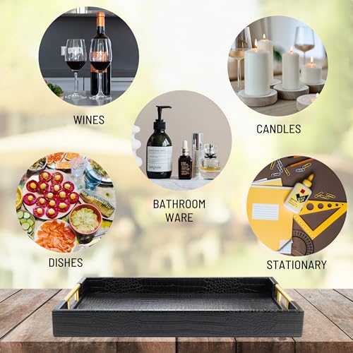 ATZYmolin 17" x 12" Wood Serving Tray with Gold Polished Metal Handles, Home Decorative Wooden Rectangle Ottoman Leather Decor Platter Bathroom Vanity Tray for All Occasions Alligator Black - Image 5