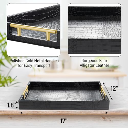 ATZYmolin 17" x 12" Wood Serving Tray with Gold Polished Metal Handles, Home Decorative Wooden Rectangle Ottoman Leather Decor Platter Bathroom Vanity Tray for All Occasions Alligator Black - Image 2