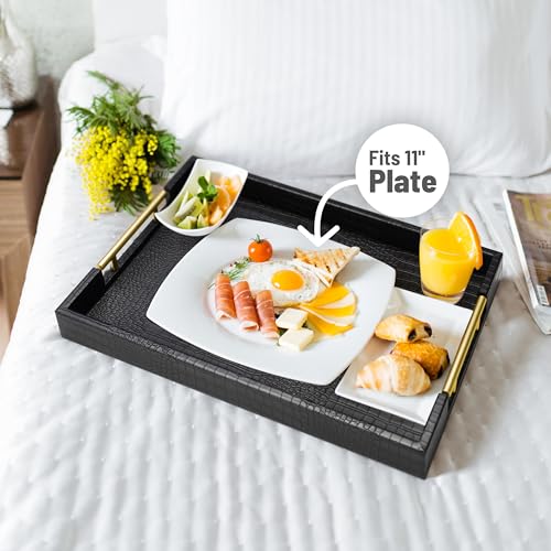 ATZYmolin 17" x 12" Wood Serving Tray with Gold Polished Metal Handles, Home Decorative Wooden Rectangle Ottoman Leather Decor Platter Bathroom Vanity Tray for All Occasions Alligator Black - Image 4