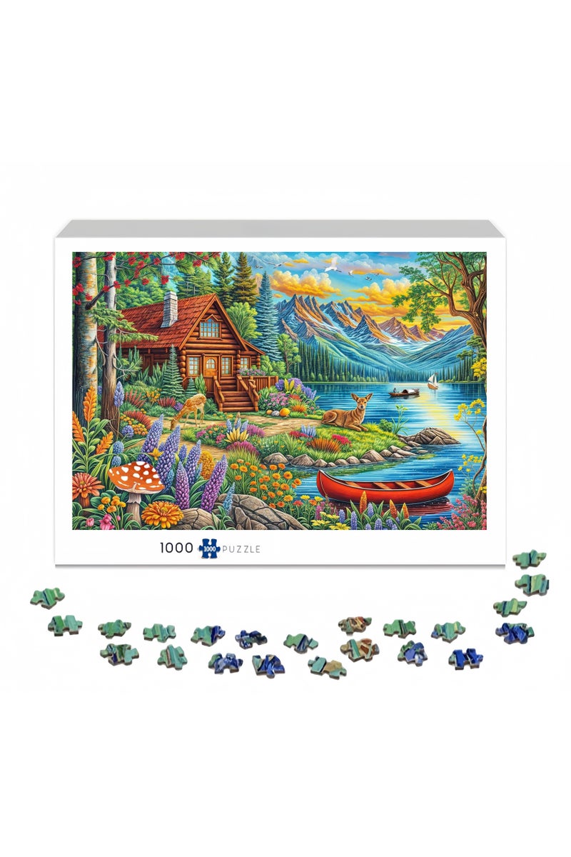 1000 قطعة من الغابة على ضفاف البحيرة فيلا نمط الرسم الزيتي لغز - جمال طبيعي رائع - Image 2