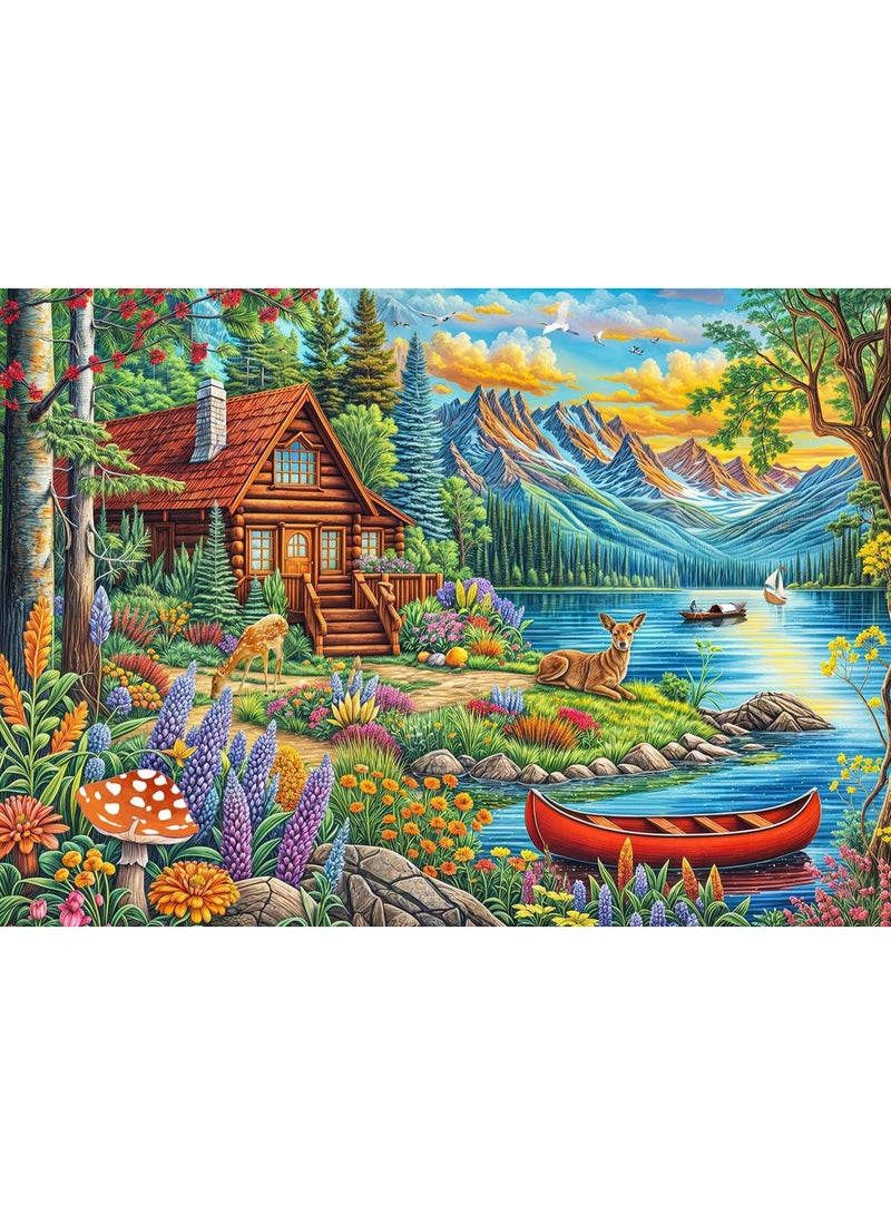 1000 قطعة من الغابة على ضفاف البحيرة فيلا نمط الرسم الزيتي لغز - جمال طبيعي رائع - Image 1