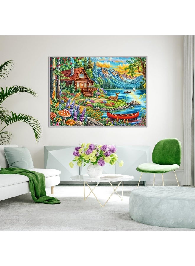 1000 قطعة من الغابة على ضفاف البحيرة فيلا نمط الرسم الزيتي لغز - جمال طبيعي رائع - Image 3