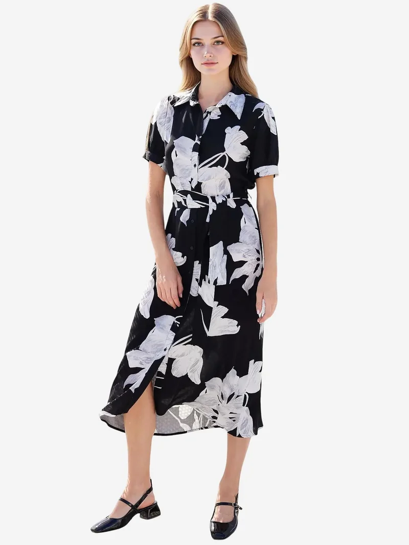 BIG DART BDART Flowering Midi Dress with Bow and Shirt Collar