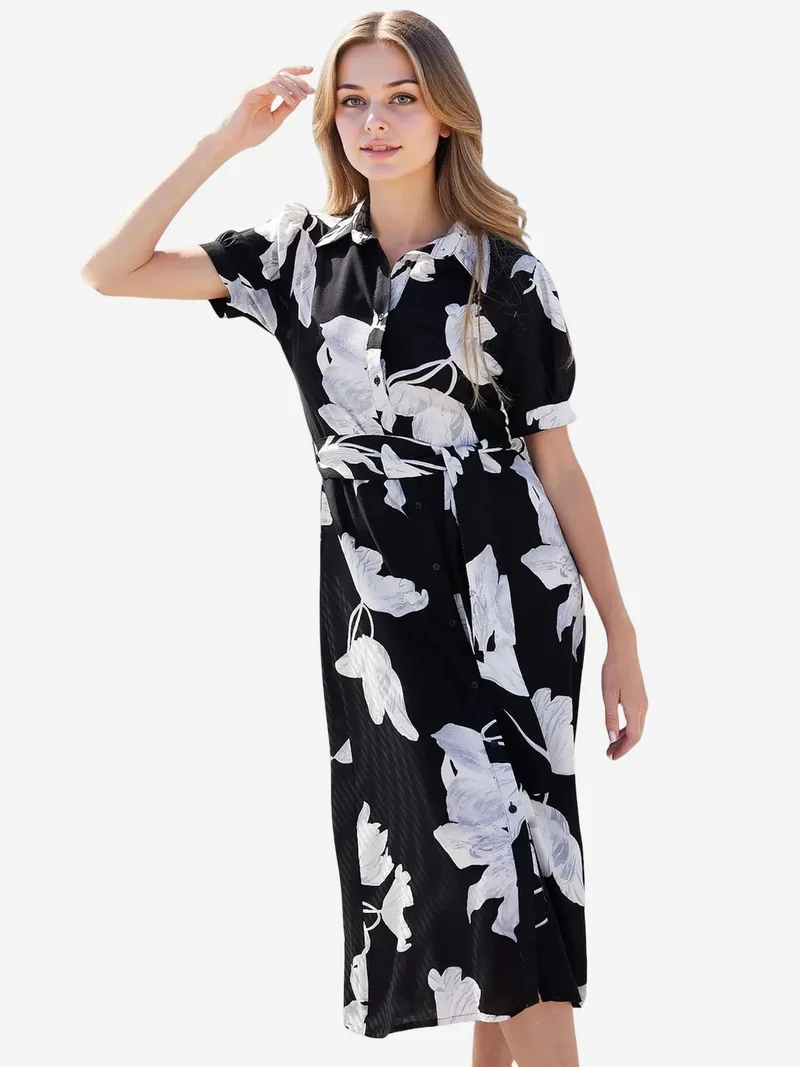 BIG DART BDART Flowering Midi Dress with Bow and Shirt Collar