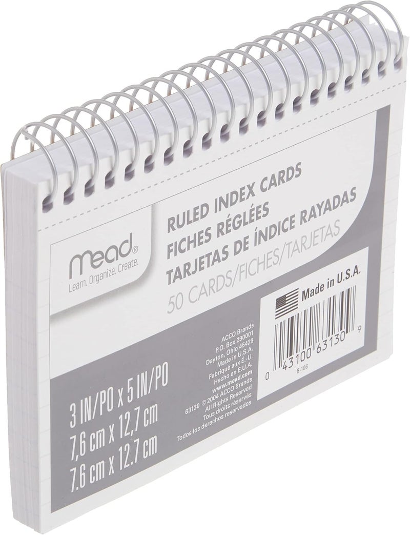 Mead Index Cards, Spiral, Ruled, 3" x 5", White, Blank Back, 50 Cards per Pack, 1 Pack (63130) - Image 3