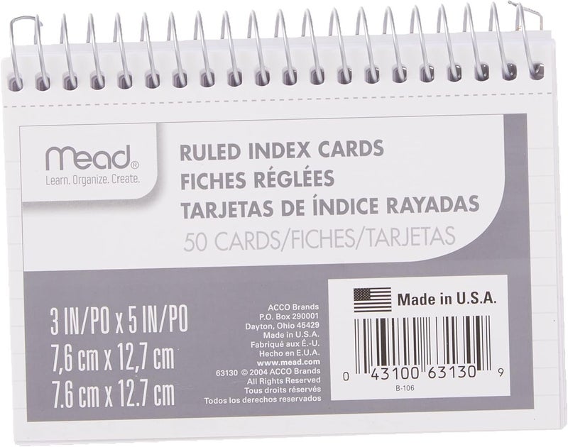 Mead Index Cards, Spiral, Ruled, 3" x 5", White, Blank Back, 50 Cards per Pack, 1 Pack (63130) - Image 1