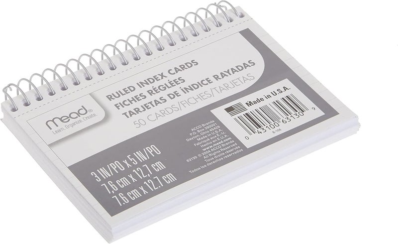 Mead Index Cards, Spiral, Ruled, 3" x 5", White, Blank Back, 50 Cards per Pack, 1 Pack (63130) - Image 2