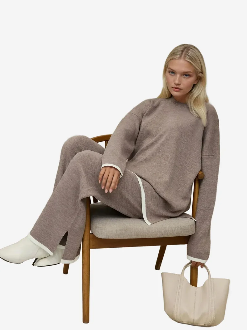HICCUP Tan Natural Sweater & Wide Leg Pants Knit Co-ords Set for Women | Best Price UAE