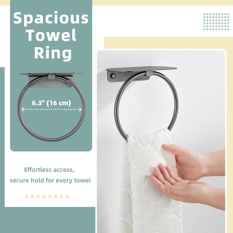 APLusee Gunmetal Gray Towel Ring with Shelf, 304 Stainless Steel Bathroom Towel Holder, Wall Mounted Swivel Loop for Kitchen Shower, Rustproof & Easy to Install - Image 5