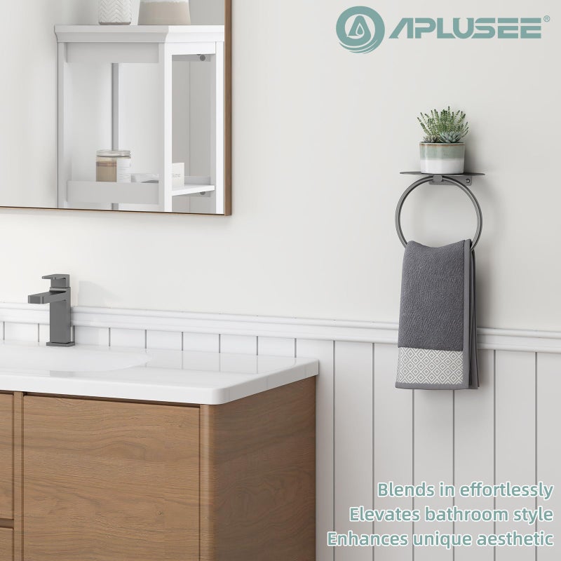 APLusee Gunmetal Gray Towel Ring with Shelf, 304 Stainless Steel Bathroom Towel Holder, Wall Mounted Swivel Loop for Kitchen Shower, Rustproof & Easy to Install - Image 2