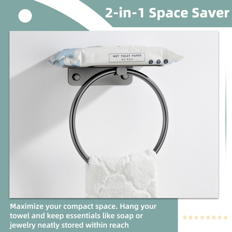APLusee Gunmetal Gray Towel Ring with Shelf, 304 Stainless Steel Bathroom Towel Holder, Wall Mounted Swivel Loop for Kitchen Shower, Rustproof & Easy to Install - Image 3