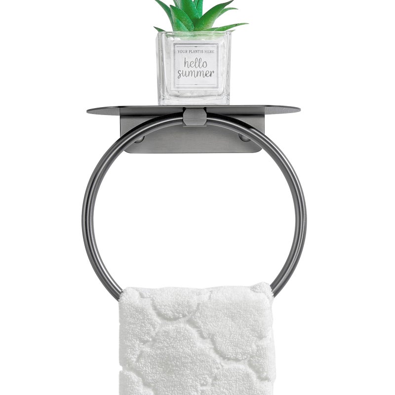 APLusee Gunmetal Gray Towel Ring with Shelf, 304 Stainless Steel Bathroom Towel Holder, Wall Mounted Swivel Loop for Kitchen Shower, Rustproof & Easy to Install - Image 1