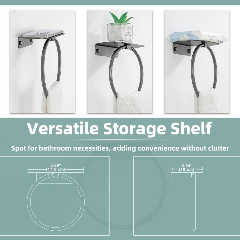 APLusee Gunmetal Gray Towel Ring with Shelf, 304 Stainless Steel Bathroom Towel Holder, Wall Mounted Swivel Loop for Kitchen Shower, Rustproof & Easy to Install - Image 4