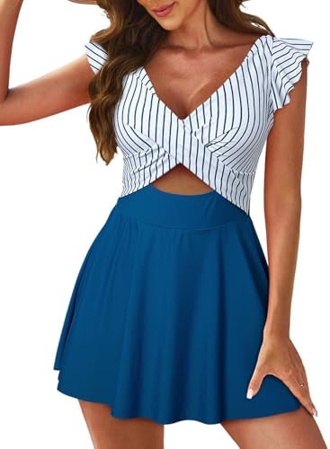 Aleumdr Women's One Piece Swimsuit Ruffle Cutout Bathing Suits Slimming V Neck Tummy Control Wrap Swimwear Blue Stripe Large - Image 1