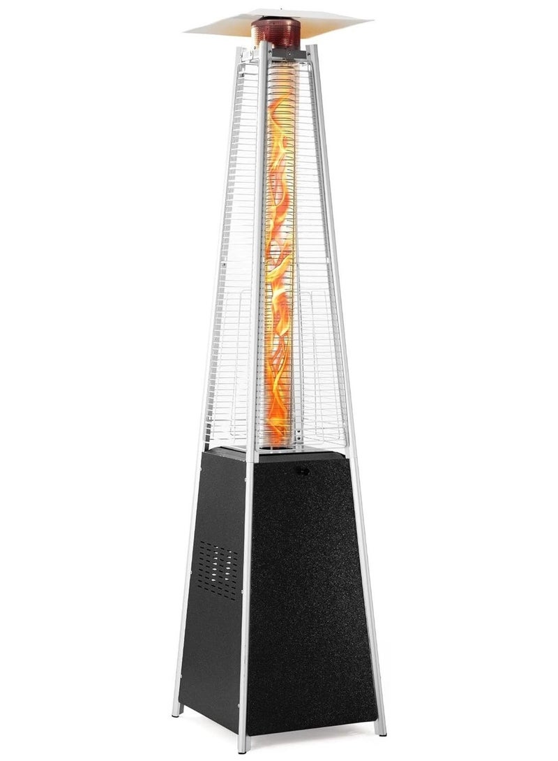 دفاية فناء خارجية على شكل هرم، تعمل بالغاز (بروبان) بقدرة 48,000 وحدة حرارية بريطانية، مع أنبوب لهب من زجاج الكوارتز وعجلات (فضي/أسود) – للاستخدام في الحديقة، الشرفة، والمطاعم - Image 1