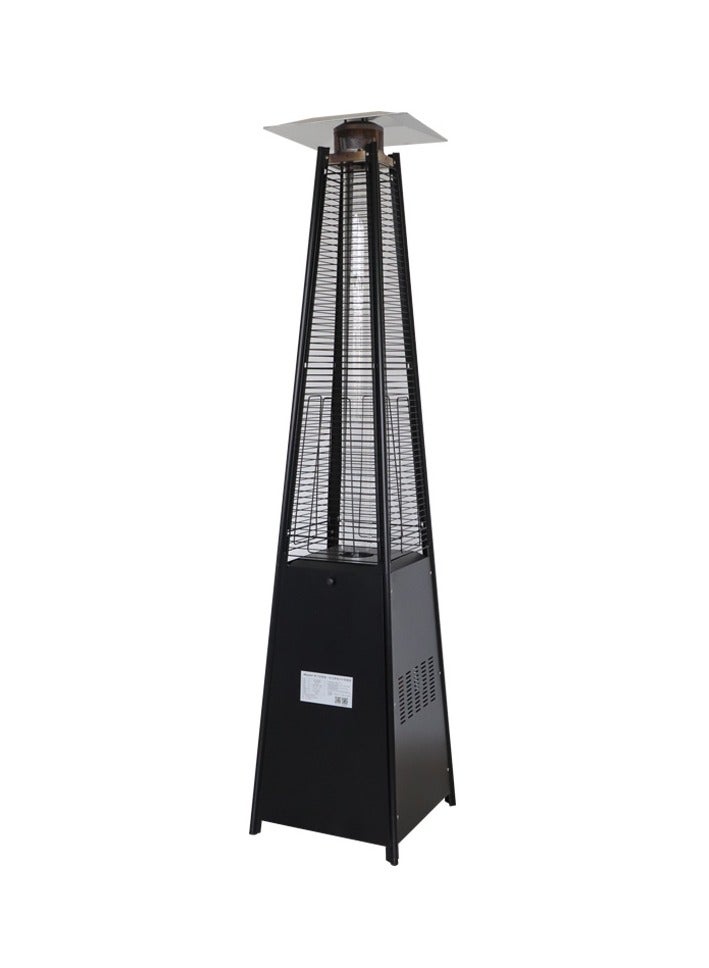 دفاية فناء خارجية على شكل هرم، تعمل بالغاز (بروبان) بقدرة 48,000 وحدة حرارية بريطانية، مع أنبوب لهب من زجاج الكوارتز وعجلات (فضي/أسود) – للاستخدام في الحديقة، الشرفة، والمطاعم - Image 1