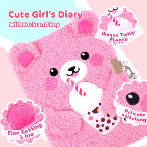 PrinBarBee Bear Diary with Lock,Cute Diary for 6 7 8 Year Old Girl,Kids Journal Notebook Set with Multicolored Pen,Plush Secret Diary Lined 160 Pages,Christmas Birthday Set for Kids - Image 5