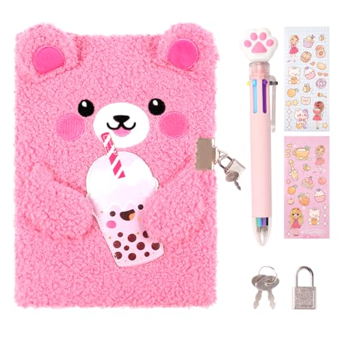 PrinBarBee Bear Diary with Lock,Cute Diary for 6 7 8 Year Old Girl,Kids Journal Notebook Set with Multicolored Pen,Plush Secret Diary Lined 160 Pages,Christmas Birthday Set for Kids - Image 1