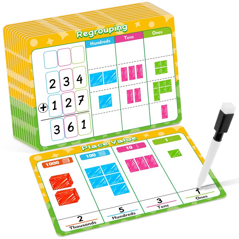 PraxiKidy 12 Pack Place Value Chart Dry Erase Flash Cards 9 x 12 Small White Board Addition and Subtraction Math Manipulatives 1st 2nd 3rd Grade Classroom Teacher Homeschool Supplies Essential - Image 3