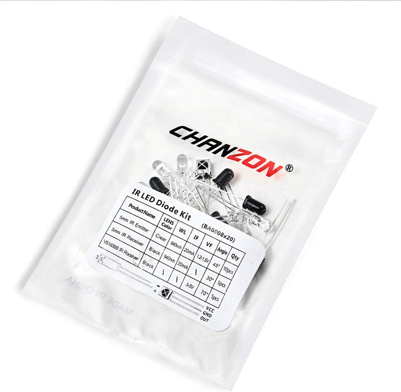 CHANZON 940nm IR Infrared LED Diode 5mm Emitter + Receiver Sender Reciver Kit + VS1838B 1838 Sensor Ray Night Vision 940 nm 20pcs Lighting Lamp Bulbs Assortment for Arduino Raspberry - Image 5