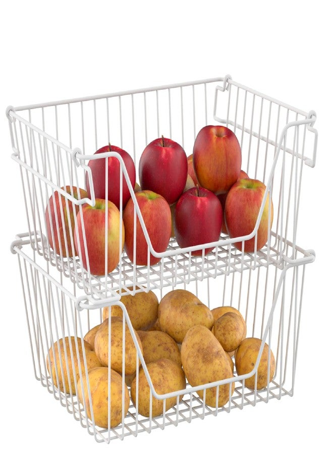 blitzlabs Stackable Wire Metal Baskets Cabinet Organizer Sturdy Metal Wire Pantry Freezer Bin for Home Bathroom Kitchen Friut Vegetable Organization, White - Set of 2 - Image 2