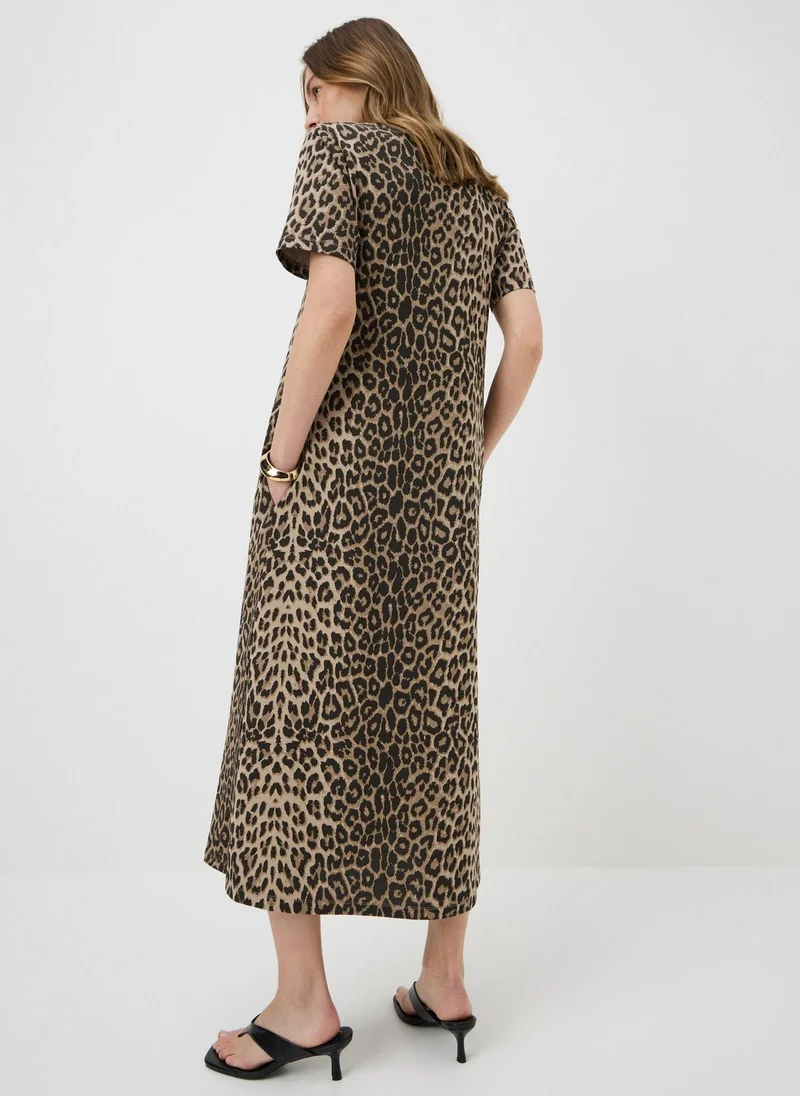 ماتلان Brown Animal Print Midaxi T-Shirt Dress