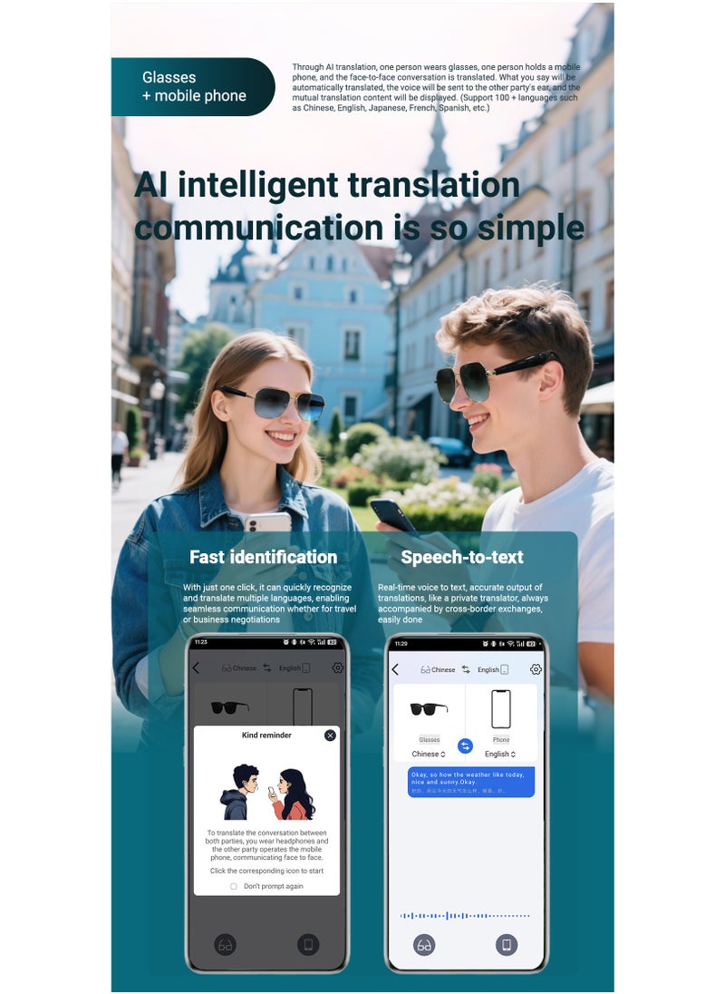 Generic Men Women Bluetooth Translate Sunglasses HD Call Audio Playback Sun Protection Cycling Sunglasses UV Protection Ultra-long Time Smart Glasses  - Image 5