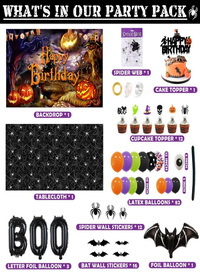 BORAMDO Halloween Birthday Decorations Party Supplies Halloween Themed Party Favors 105 Pcs Including Spider Web, Backdrop, Tablecloth, Cake Toppers, Spider Bat Wall Stickers, Balloons Arch and kit - Image 2
