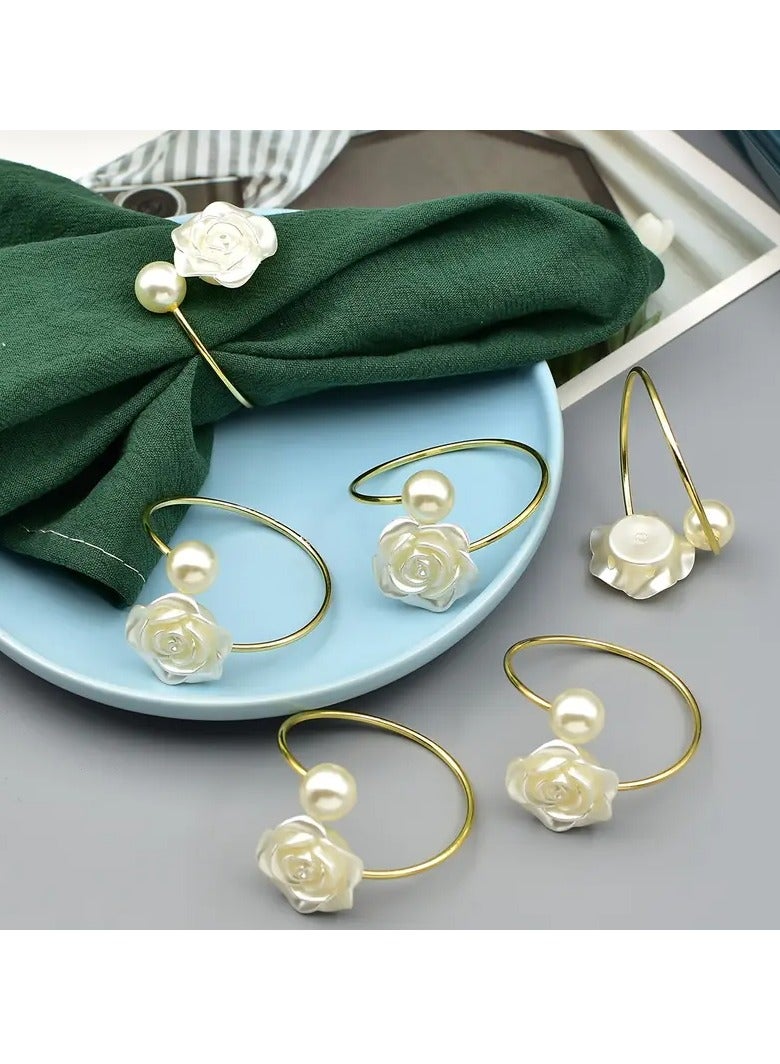 6 Piece Napkin Rings, White Rose Pearl Dining Table Ring Holder, Vintage Paper Towel Rings for Wedding Banquet Home Decorations - Image 1