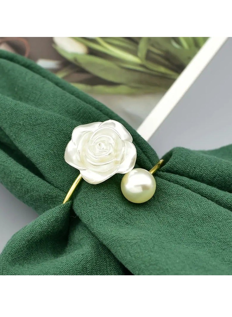 6 Piece Napkin Rings, White Rose Pearl Dining Table Ring Holder, Vintage Paper Towel Rings for Wedding Banquet Home Decorations - Image 3