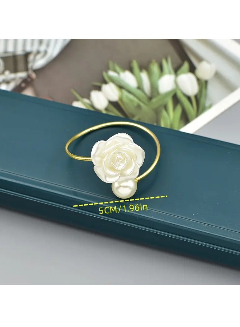 6 Piece Napkin Rings, White Rose Pearl Dining Table Ring Holder, Vintage Paper Towel Rings for Wedding Banquet Home Decorations - Image 2