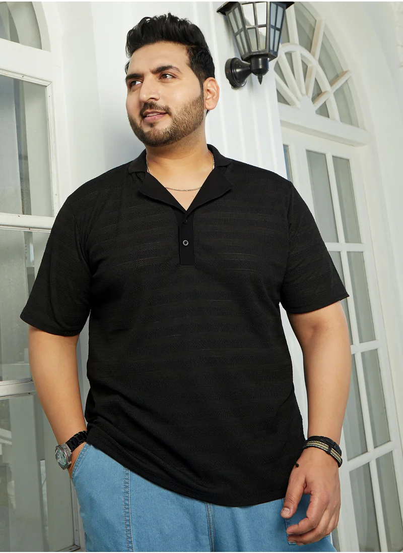 Instafab Plus Instafab Plus Men's Onyx Black Panel-Tactile Cuban Polo T-Shirt For Casual Wear | Polo Neck | Short Cuffed Sleeves | Half-Button Closure | Plus Size T-Shirt Crafted With Comfort Fit For Everyday Wear