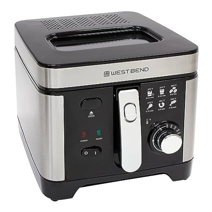 West Bend Deep Fryer with Adjustable Temperature Control Nonstick Basket Easy-View Window and Temperature Guide, Folding Handle and Locking Cover for Easy Storage, 3-Liter, Silver - Image 1