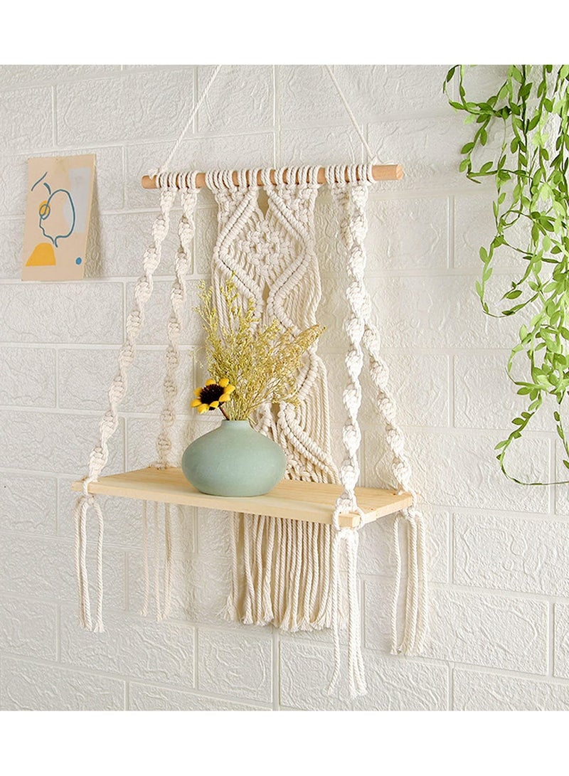 NIBEMINENT Boho Macrame Wall Hanging Shelf, Single Tier Bohemian Floating Shelf Handmade Plant Decor Woven Shelves for Bathroom Bedroom Kitchen Home Nursery Storage - Image 1