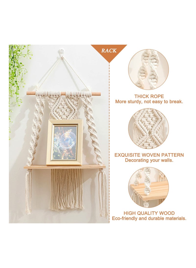 NIBEMINENT Boho Macrame Wall Hanging Shelf, Single Tier Bohemian Floating Shelf Handmade Plant Decor Woven Shelves for Bathroom Bedroom Kitchen Home Nursery Storage - Image 2