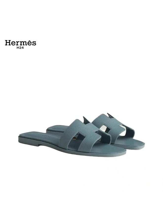 Hermes H24 حذاء مسطح مفتوح من الأمام من جلد العجل من Hermes H24 Oran، بنمط H، للنساء، صيفي، أزرق مائي - Image 1