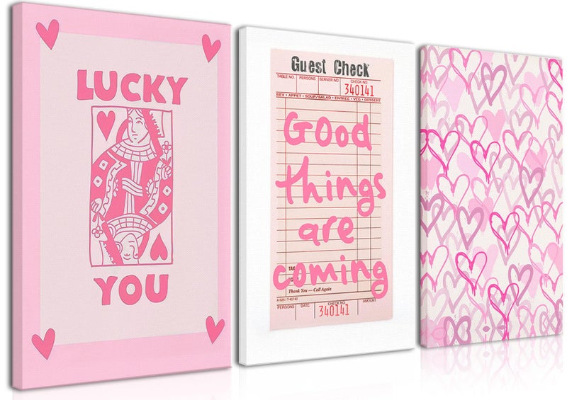 Djmwtb 3 Piece Pink Wall Art Cute Canvas Art Lucky You Wall Decor Paintings Guest Check Pictures Hearts Prints Poker Artwork for Bedroom Bathroom 12x16in Framed - Image 2