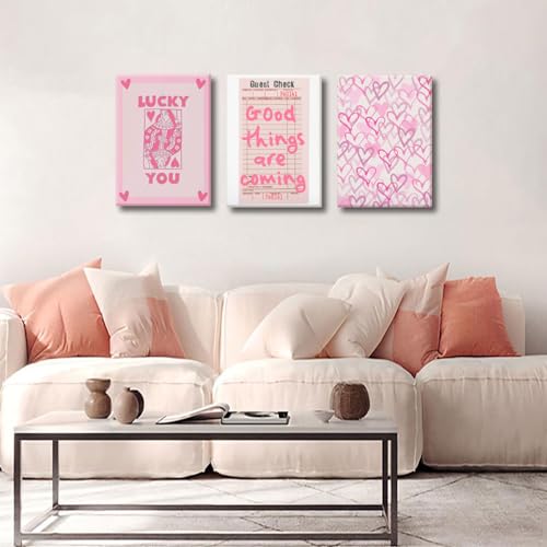 Djmwtb 3 Piece Pink Wall Art Cute Canvas Art Lucky You Wall Decor Paintings Guest Check Pictures Hearts Prints Poker Artwork for Bedroom Bathroom 12x16in Framed - Image 3