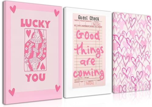 Djmwtb 3 Piece Pink Wall Art Cute Canvas Art Lucky You Wall Decor Paintings Guest Check Pictures Hearts Prints Poker Artwork for Bedroom Bathroom 12x16in Framed - Image 1