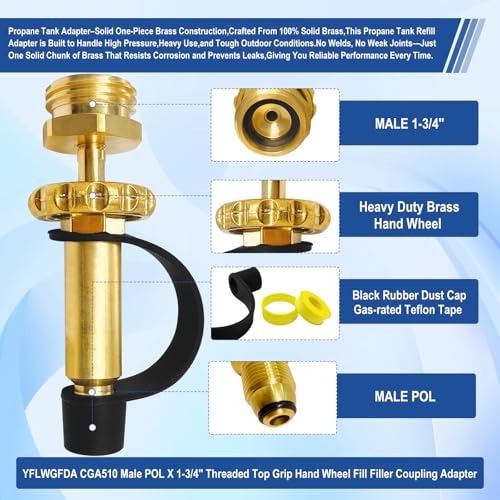 YFLWGFDA CGA510 Male POL X 1-3/4" Acme Top Grip Hand Wheel Fill Filler Coupling Adapter, Solid Brass Propane Tank Adapter, Propane Adapter Fitting W/blk Rubber Cap, for Grill Tank & 100 Ib LPG Tanks. - Image 4