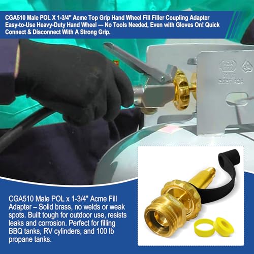 YFLWGFDA CGA510 Male POL X 1-3/4" Acme Top Grip Hand Wheel Fill Filler Coupling Adapter, Solid Brass Propane Tank Adapter, Propane Adapter Fitting W/blk Rubber Cap, for Grill Tank & 100 Ib LPG Tanks. - Image 2