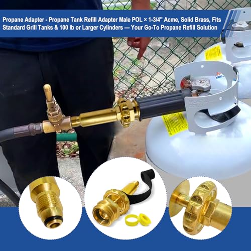 YFLWGFDA CGA510 Male POL X 1-3/4" Acme Top Grip Hand Wheel Fill Filler Coupling Adapter, Solid Brass Propane Tank Adapter, Propane Adapter Fitting W/blk Rubber Cap, for Grill Tank & 100 Ib LPG Tanks. - Image 3