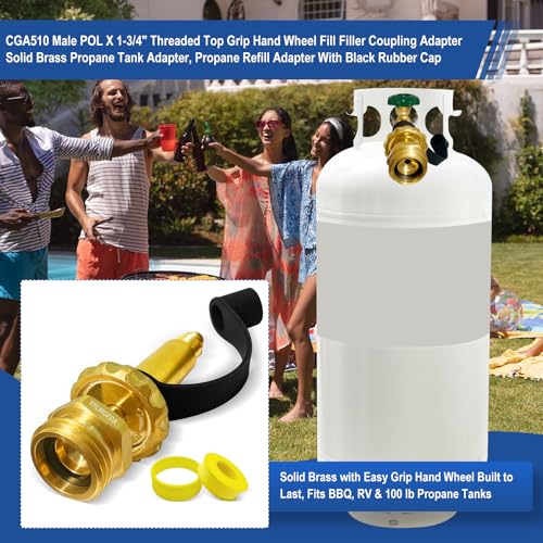 YFLWGFDA CGA510 Male POL X 1-3/4" Acme Top Grip Hand Wheel Fill Filler Coupling Adapter, Solid Brass Propane Tank Adapter, Propane Adapter Fitting W/blk Rubber Cap, for Grill Tank & 100 Ib LPG Tanks. - Image 5