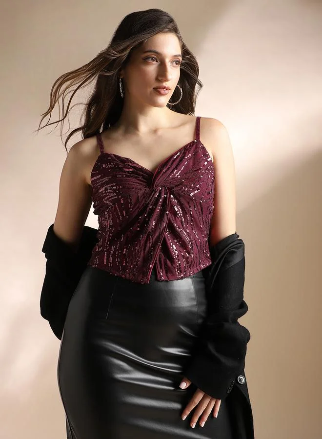 globus Women Maroon Sweetheart Neck Strappy Crop Top