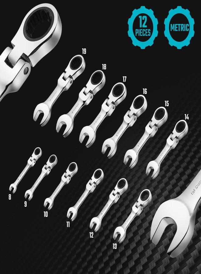 DURATECH Stubby Flex-head Ratcheting Combination Wrench Set, Metric, 12-piece, 8-19mm, CR-V Steel, with Pouch - Image 2